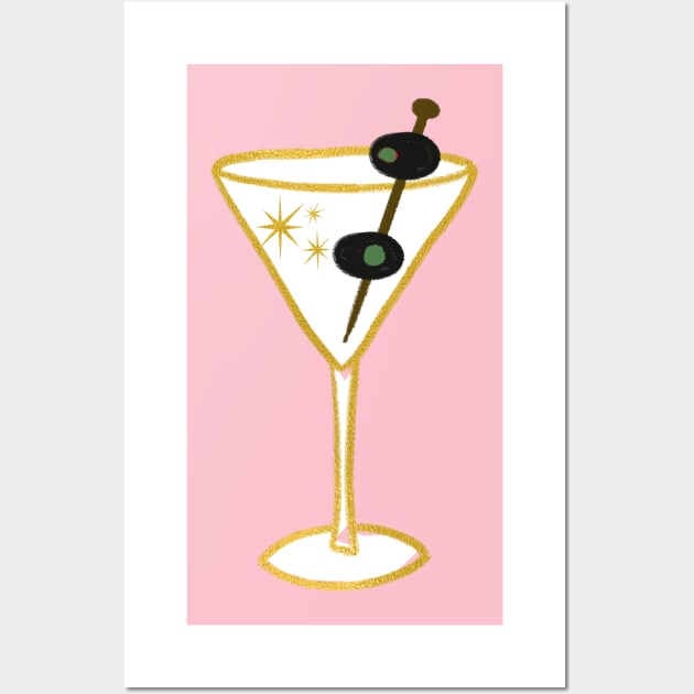 Glam Retro Faux Gold Martini Cocktail Drink Glass With two Black Olives Illustration Wall Art by LittleForest